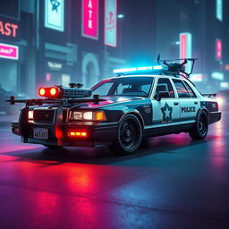 A 1993 Crown Victoria police car designed in a striking and futuristic cyberpunk art style