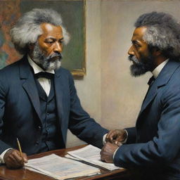 Depict Frederick Douglass in an impassioned debate with a Caucasian man, artistically rendered in Claude Monet's impressionist style. The intensity of their conversation and respective viewpoints are captured in bold, vibrant strokes and dynamic facial expressions.