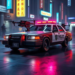 A 1993 Crown Victoria police car designed in a striking and futuristic cyberpunk art style