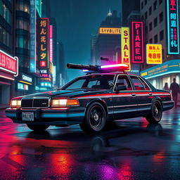 A 1993 Crown Victoria police car featuring a low-profile LED light bar, with sleek custom black wheels
