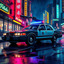 A 1993 Crown Victoria police car featuring a low-profile LED light bar, with sleek custom black wheels