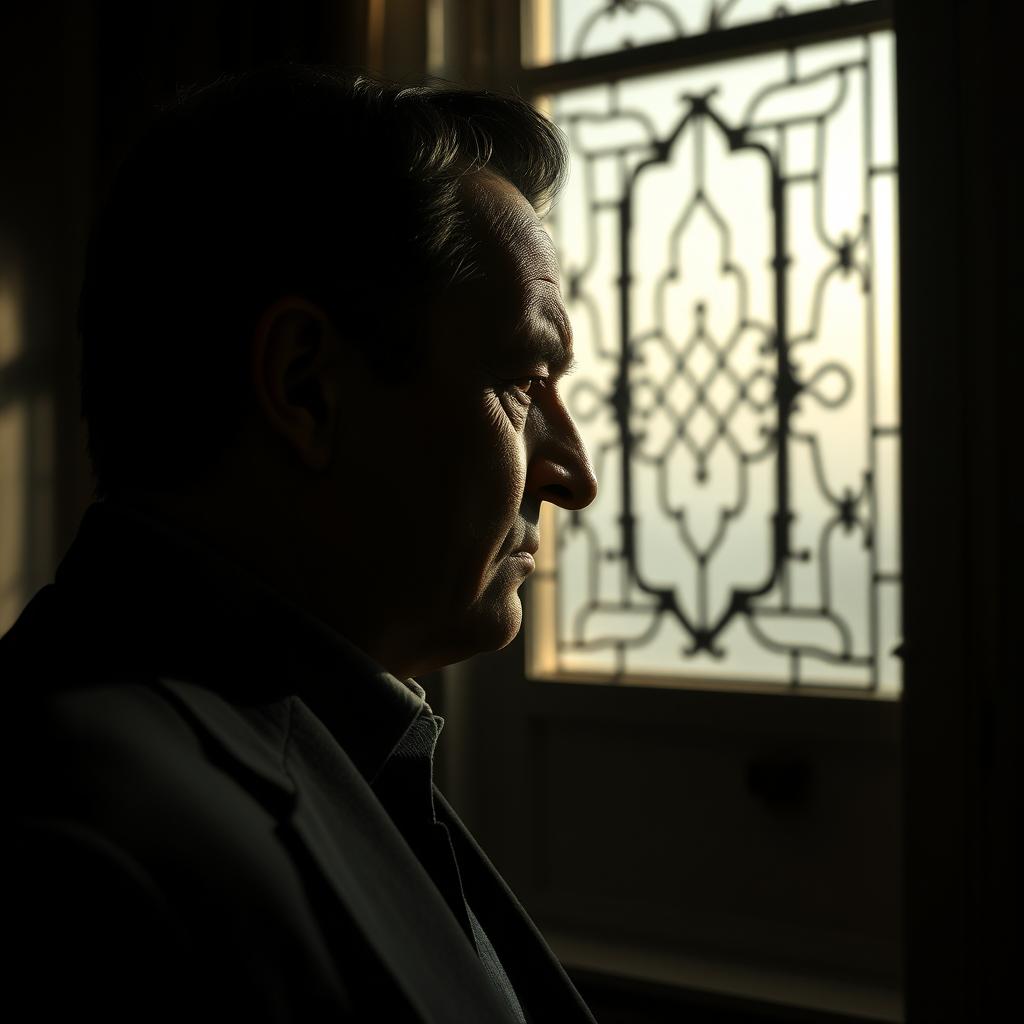 A mysterious profile of a rich, sophisticated 60-year-old Caucasian man with black hair, positioned in a slightly dark room in front of a window