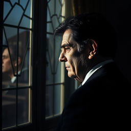 A mysterious profile of a rich, sophisticated 60-year-old Caucasian man with black hair, positioned in a slightly dark room in front of a window