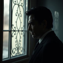 A mysterious profile of a rich, sophisticated 60-year-old Caucasian man with black hair, positioned in a slightly dark room in front of a window