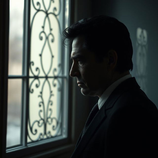 A mysterious profile of a rich, sophisticated 60-year-old Caucasian man with black hair, positioned in a slightly dark room in front of a window