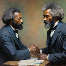 Depict Frederick Douglass in an impassioned debate with a Caucasian man, artistically rendered in Claude Monet's impressionist style. The intensity of their conversation and respective viewpoints are captured in bold, vibrant strokes and dynamic facial expressions.