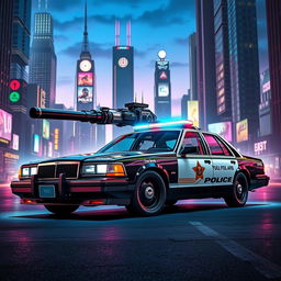 A 1993 Crown Victoria police car featuring a low-profile LED light bar on the roof, custom black wheels, and an impressive energy cannon mounted on the hood, set in a vibrant cyberpunk atmosphere