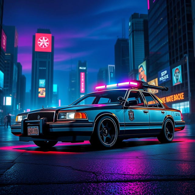 A 1993 Crown Victoria police car featuring a low-profile LED light bar on the roof, custom black wheels, and an impressive energy cannon mounted on the hood, set in a vibrant cyberpunk atmosphere