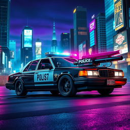 A 1993 Crown Victoria police car featuring a low-profile LED light bar on the roof, custom black wheels, and an impressive energy cannon mounted on the hood, set in a vibrant cyberpunk atmosphere