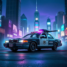 A 1993 Crown Victoria police car featuring a low-profile LED light bar on the roof, custom black wheels, and an impressive energy cannon mounted on the hood, set in a vibrant cyberpunk atmosphere