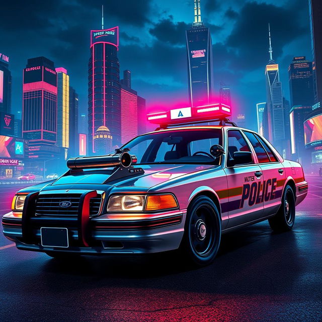 A 1995 Crown Victoria police car, showcasing a low-profile LED light bar on the roof, custom sleek black wheels, and designed in a vibrant cyberpunk art style