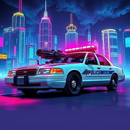 A 1995 Crown Victoria police car, showcasing a low-profile LED light bar on the roof, custom sleek black wheels, and designed in a vibrant cyberpunk art style