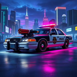 A 1995 Crown Victoria police car, showcasing a low-profile LED light bar on the roof, custom sleek black wheels, and designed in a vibrant cyberpunk art style