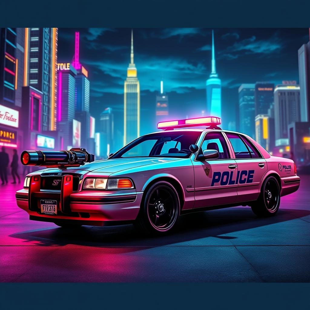 A 1995 Crown Victoria police car, showcasing a low-profile LED light bar on the roof, custom sleek black wheels, and designed in a vibrant cyberpunk art style