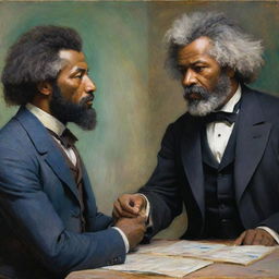 Depict Frederick Douglass in an impassioned debate with a Caucasian man, artistically rendered in Claude Monet's impressionist style. The intensity of their conversation and respective viewpoints are captured in bold, vibrant strokes and dynamic facial expressions.