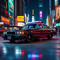 A 1991 Crown Victoria police car featuring a low-profile LED light bar and custom black wheels, prominently armed with a futuristic energy cannon