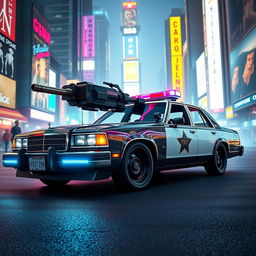 A 1991 Crown Victoria police car featuring a low-profile LED light bar and custom black wheels, prominently armed with a futuristic energy cannon