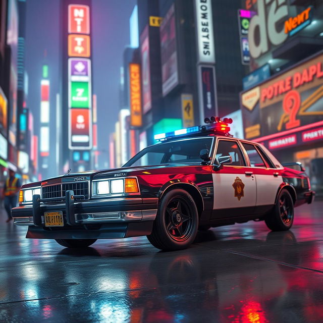 A 1991 Crown Victoria police car featuring a low-profile LED light bar and custom black wheels, prominently armed with a futuristic energy cannon