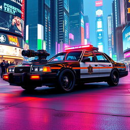 A 1991 Crown Victoria police car featuring a low-profile LED light bar and custom black wheels, prominently armed with a futuristic energy cannon