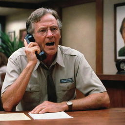 Amend the image to illustrate the Jurassic Park guard in the process of phoning John Hammond, depicted with a surprised look on his face while he receives the call during dinner inside the visitor center.