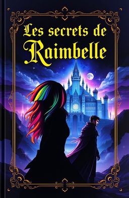 A mysterious fantasy-themed book cover titled 'Les secrets de Raimbelle' at the top in an elegant, mysterious font, possibly in gold or white to contrast with the background