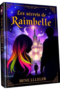 A mysterious fantasy-themed book cover titled 'Les secrets de Raimbelle' at the top in an elegant, mysterious font, possibly in gold or white to contrast with the background