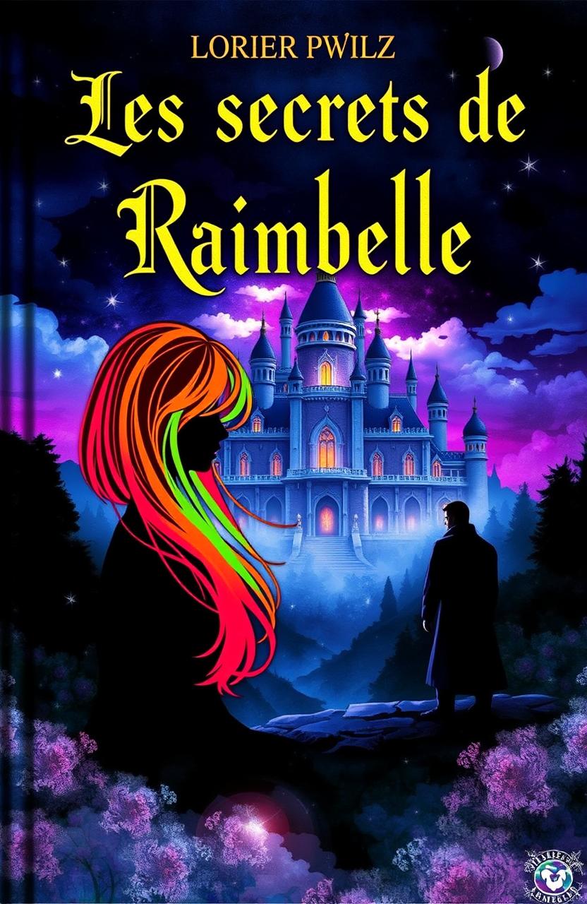 A mysterious fantasy-themed book cover titled 'Les secrets de Raimbelle' at the top in an elegant, mysterious font, possibly in gold or white to contrast with the background