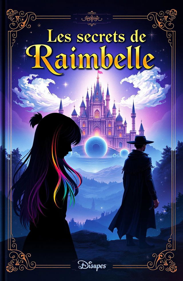 A mysterious fantasy-themed book cover titled 'Les secrets de Raimbelle' at the top in an elegant, mysterious font, possibly in gold or white to contrast with the background