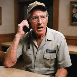 Amend the image to illustrate the Jurassic Park guard in the process of phoning John Hammond, depicted with a surprised look on his face while he receives the call during dinner inside the visitor center.