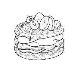 A black-and-white coloring page illustration of a beautifully detailed pastry, designed for coloring