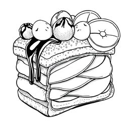 A black-and-white coloring page illustration of a beautifully detailed pastry, designed for coloring