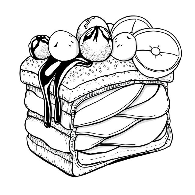 A black-and-white coloring page illustration of a beautifully detailed pastry, designed for coloring