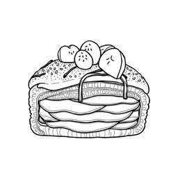 A black-and-white coloring page illustration of a beautifully detailed pastry, designed for coloring