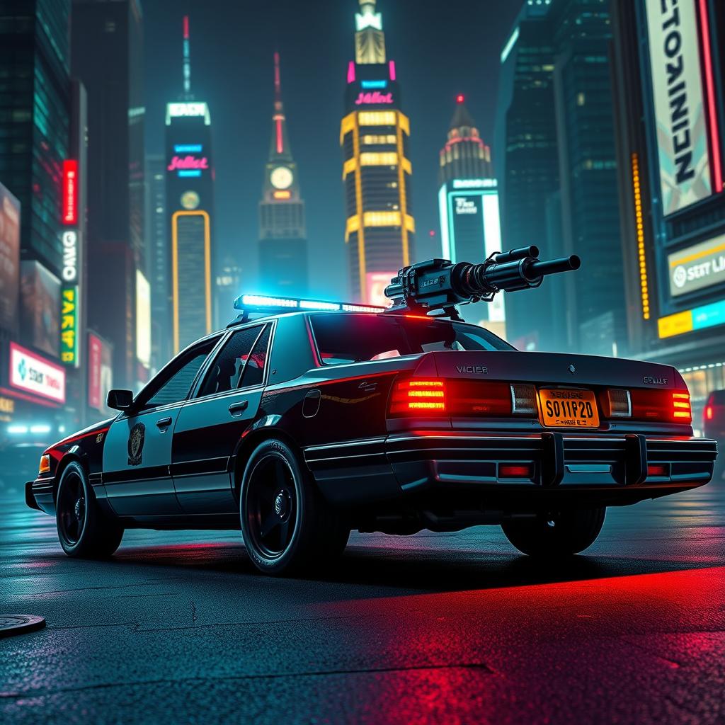 A 1993 Crown Victoria police car featuring a low-profile LED light bar, custom black wheels, and an energy cannon mounted on the roof