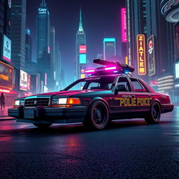A 1993 Crown Victoria police car featuring a low-profile LED light bar, custom black wheels, and an energy cannon mounted on the roof