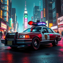 A 1993 Crown Victoria police car featuring a low-profile LED light bar, custom black wheels, and an energy cannon mounted on the roof