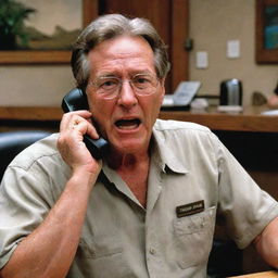 Amend the image to illustrate the Jurassic Park guard in the process of phoning John Hammond, depicted with a surprised look on his face while he receives the call during dinner inside the visitor center.