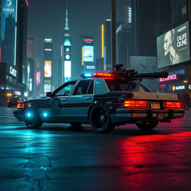 A 1993 Crown Victoria police car featuring a low-profile LED light bar, sleek custom black wheels, and an imposing energy cannon mounted on its roof