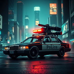 A 1993 Crown Victoria police car featuring a low-profile LED light bar, sleek custom black wheels, and an imposing energy cannon mounted on its roof