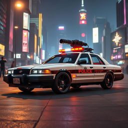 A 1993 Crown Victoria police car featuring a low-profile LED light bar, sleek custom black wheels, and an imposing energy cannon mounted on its roof