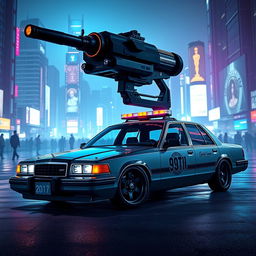 A 1993 Crown Victoria police car featuring a low-profile LED light bar, sleek custom black wheels, and an imposing energy cannon mounted on its roof