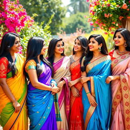 A group of beautiful Indian women showcasing diverse styles, with vibrant traditional attire like colorful sarees and elegant lehengas