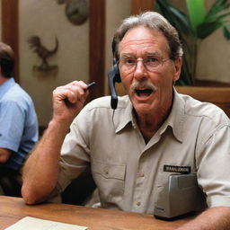 Amend the image to illustrate the Jurassic Park guard in the process of phoning John Hammond, depicted with a surprised look on his face while he receives the call during dinner inside the visitor center.