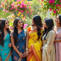 A group of beautiful Indian women showcasing diverse styles, with vibrant traditional attire like colorful sarees and elegant lehengas