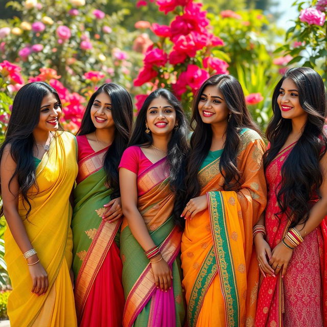 A group of beautiful Indian women showcasing diverse styles, with vibrant traditional attire like colorful sarees and elegant lehengas