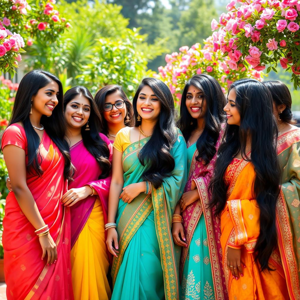 A group of beautiful Indian women showcasing diverse styles, with vibrant traditional attire like colorful sarees and elegant lehengas