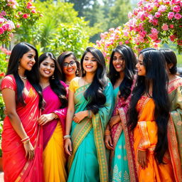 A group of beautiful Indian women showcasing diverse styles, with vibrant traditional attire like colorful sarees and elegant lehengas