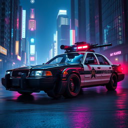 A 1993 Ford Crown Victoria police car, featuring a sleek, low-profile LED light bar on top, custom black wheels that add an aggressive look, and equipped with a futuristic energy cannon mounted on the hood