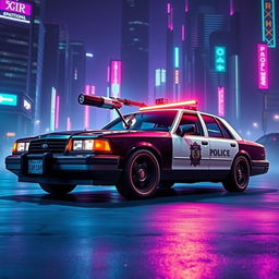 A 1993 Ford Crown Victoria police car, featuring a sleek, low-profile LED light bar on top, custom black wheels that add an aggressive look, and equipped with a futuristic energy cannon mounted on the hood