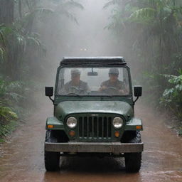 Alter the image to depict John Hammond driving hastily in the Jurassic Park Jeep through the rain-soaked jungle, heading towards the well-lit control room located in the Visitor Center.